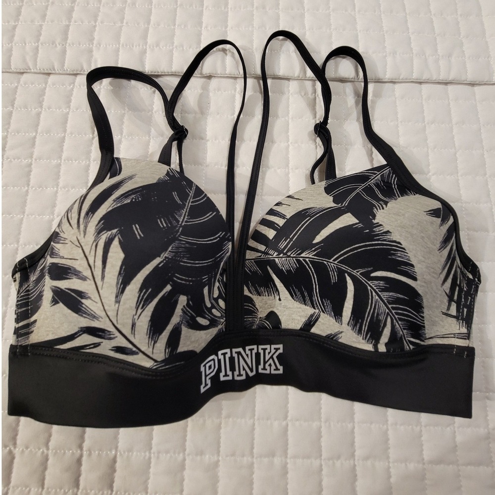 Victoria's Secret PINK‎ Ultimate Lightly Lined Sports Bra Black Tropical Palm L